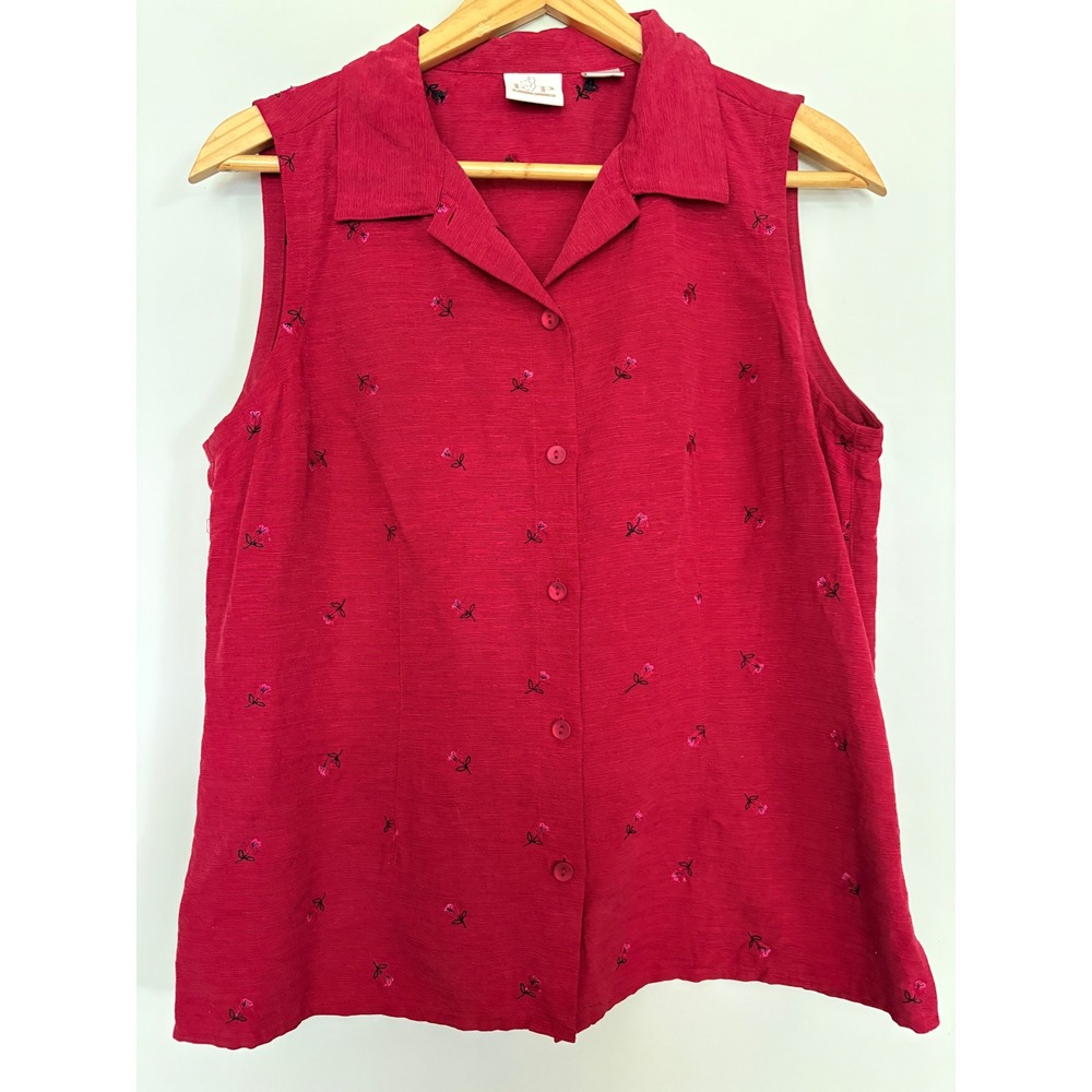 EP Pro Womens Red 100% Silk Embroidered Floral Sleeveless Button Down Top Size M